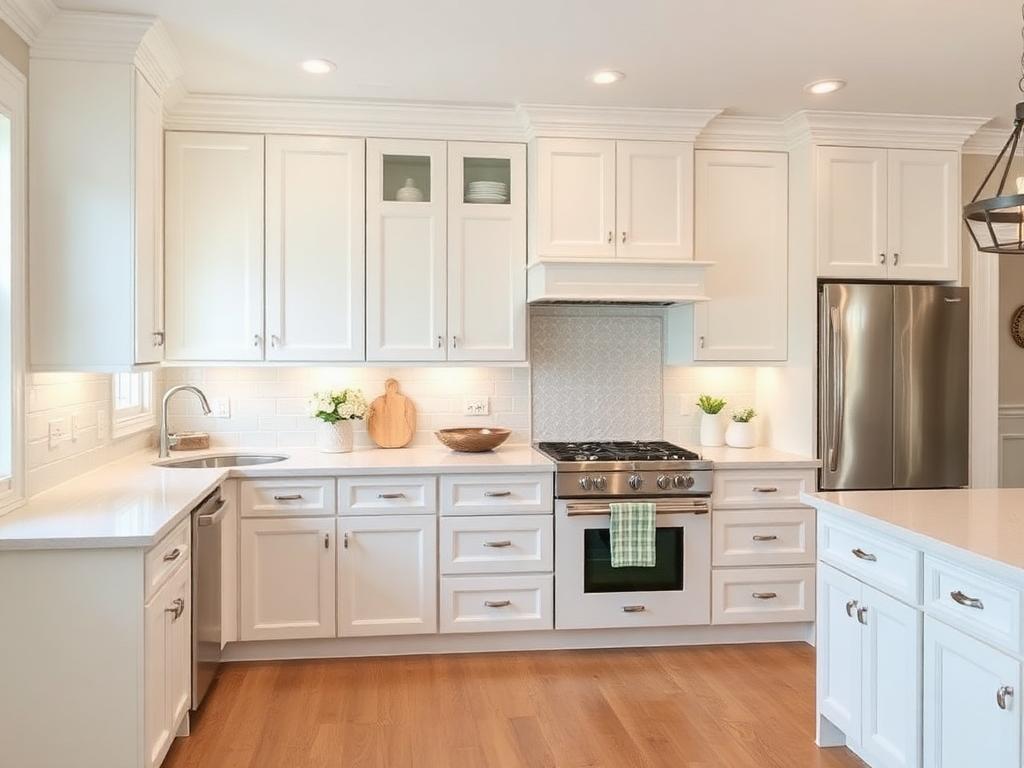 Freshly painted white kitchen cabinets